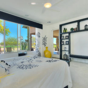 bedroom with chic shelf.